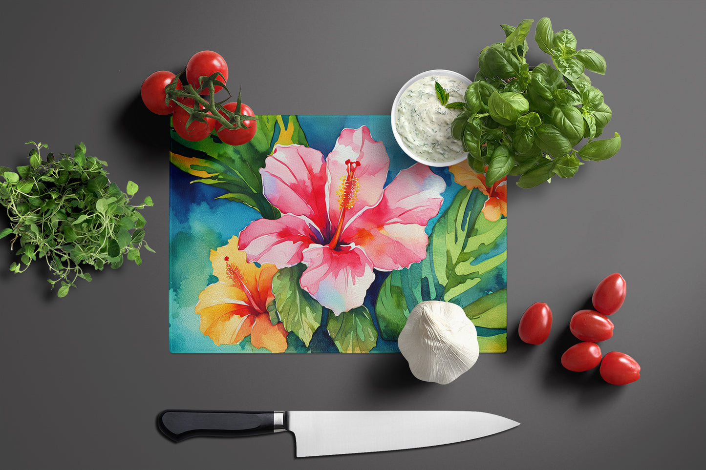 Hawaii Hawaiian Hibiscus in Watercolor Glass Cutting Board