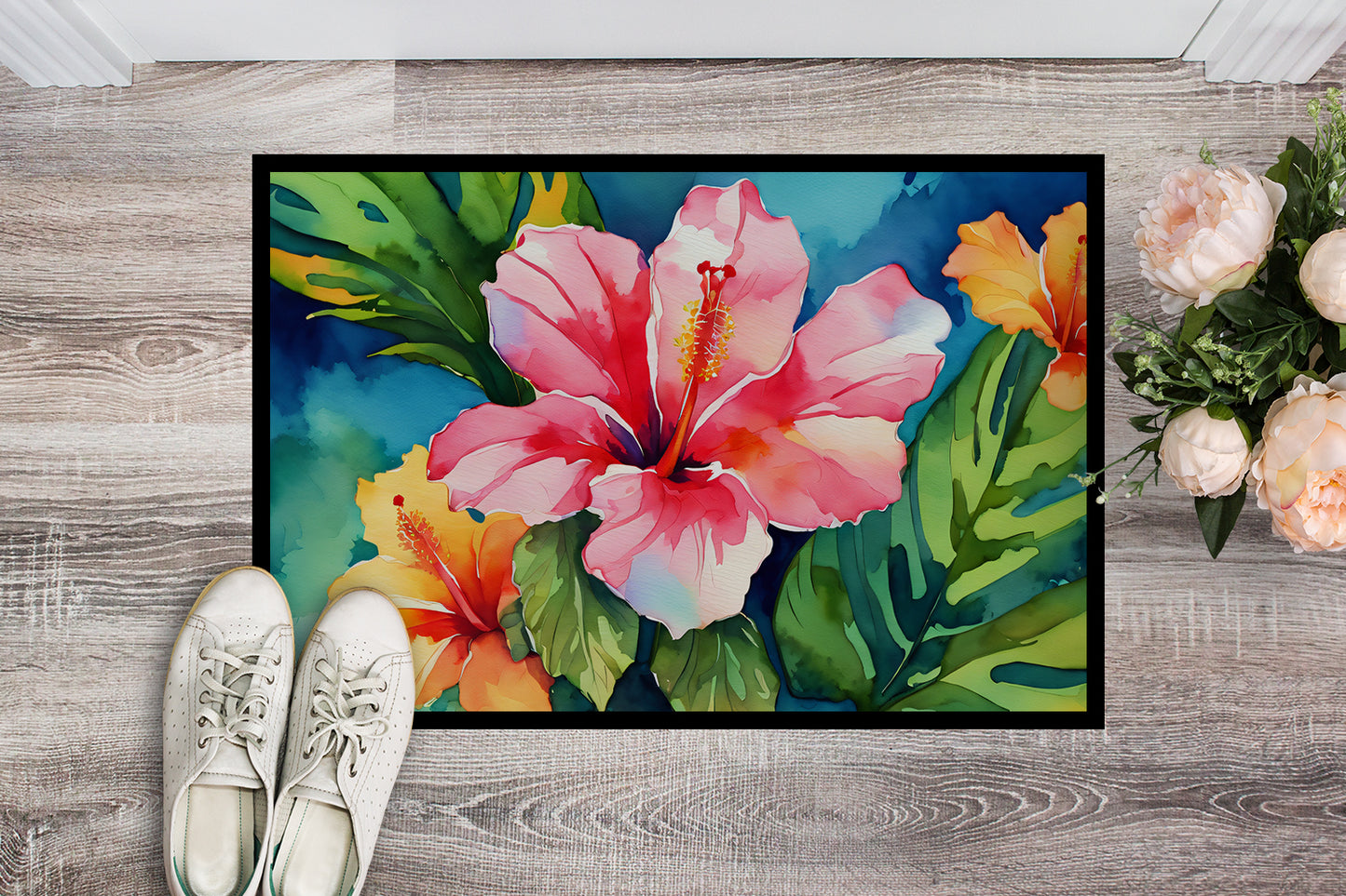 Hawaii Hawaiian Hibiscus in Watercolor Doormat