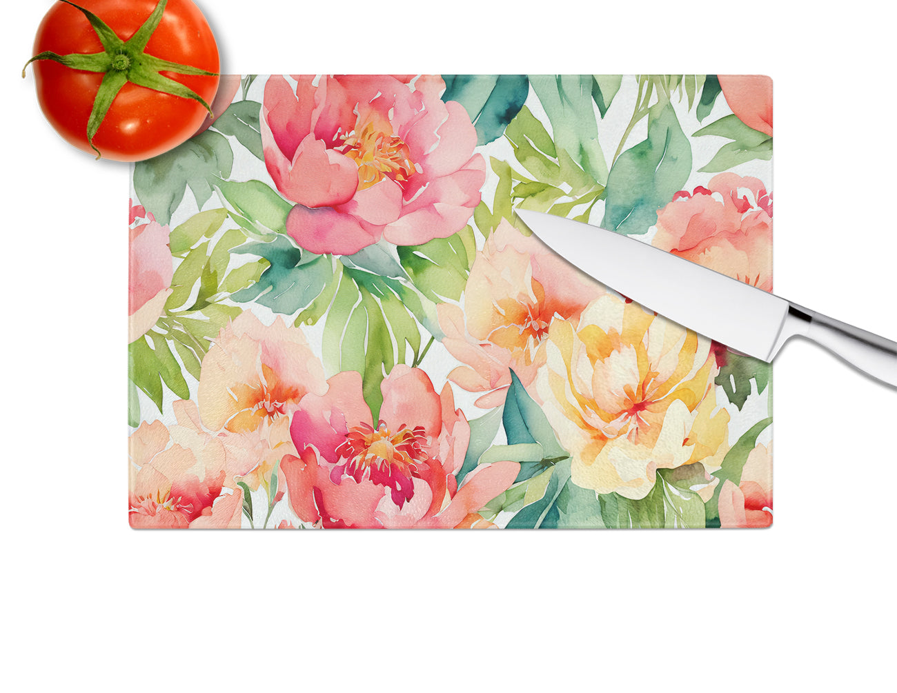 Indiana Peonies in Watercolor Glass Cutting Board