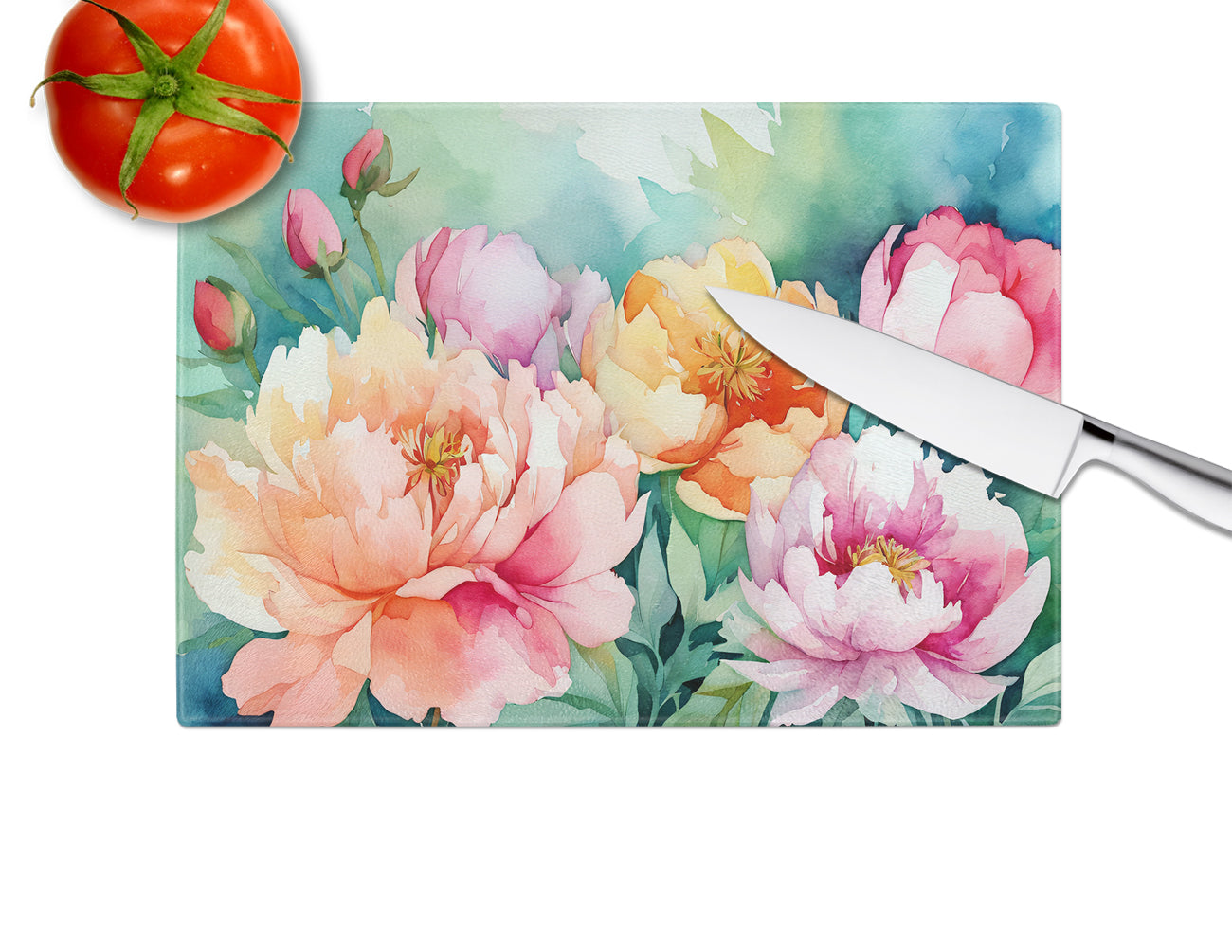 Indiana Peonies in Watercolor Glass Cutting Board