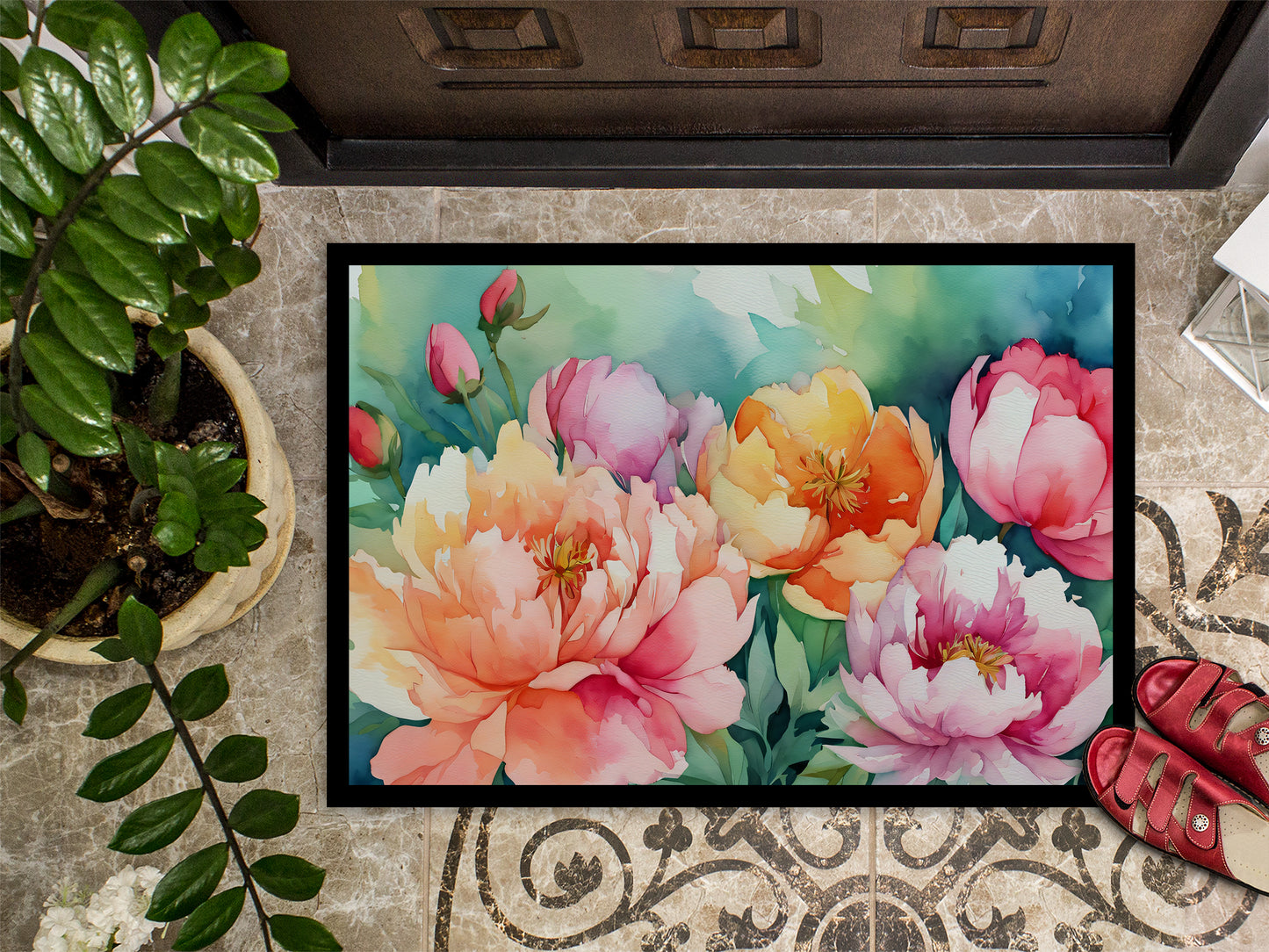 Indiana Peonies in Watercolor Doormat