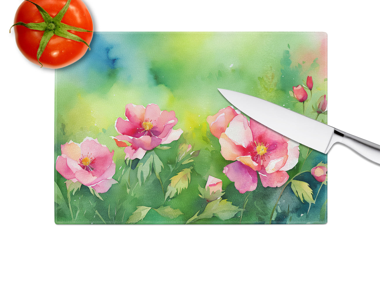 Iowa Wild Prairie Roses in Watercolor Glass Cutting Board