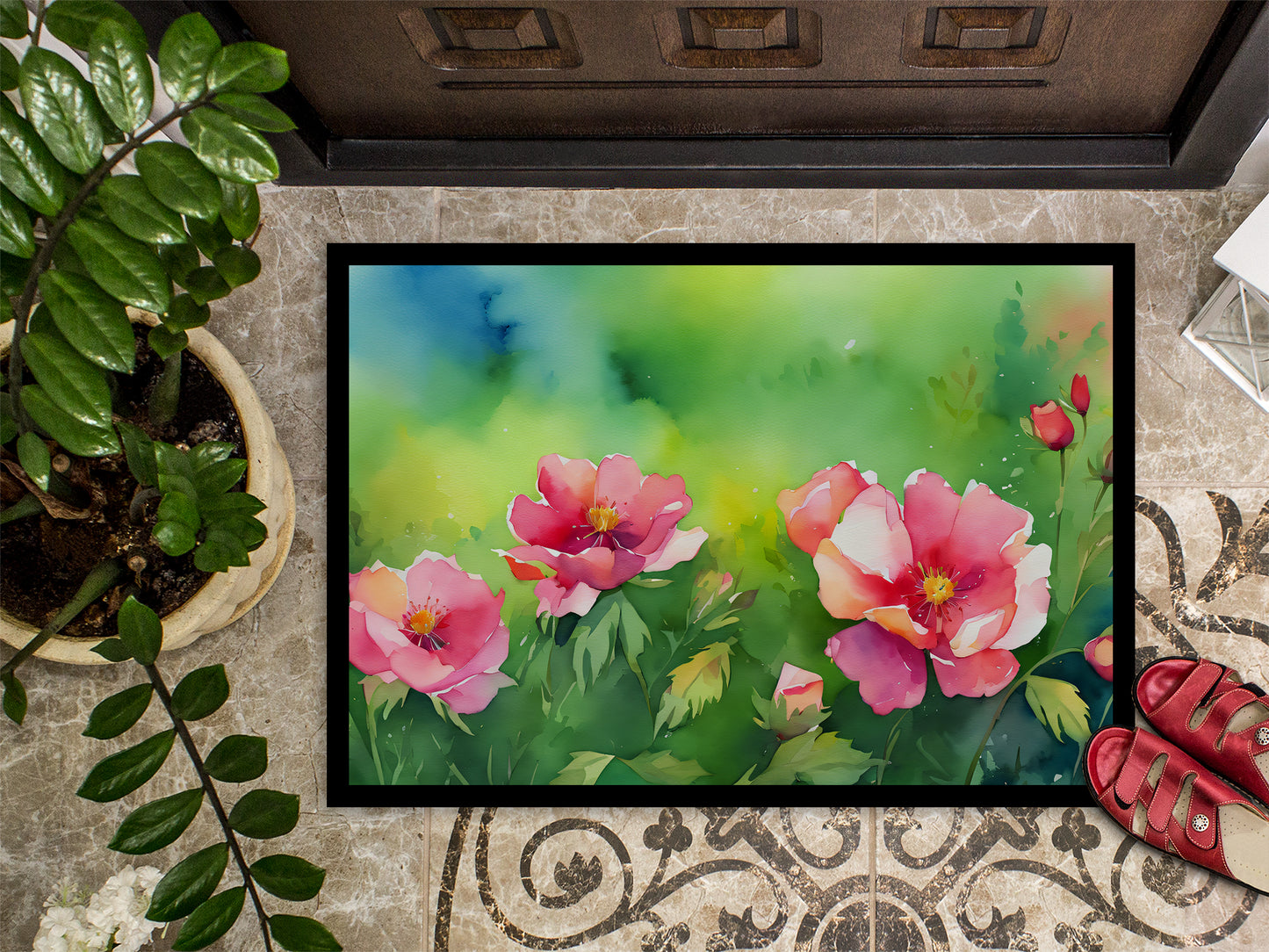 Iowa Wild Prairie Roses in Watercolor Doormat