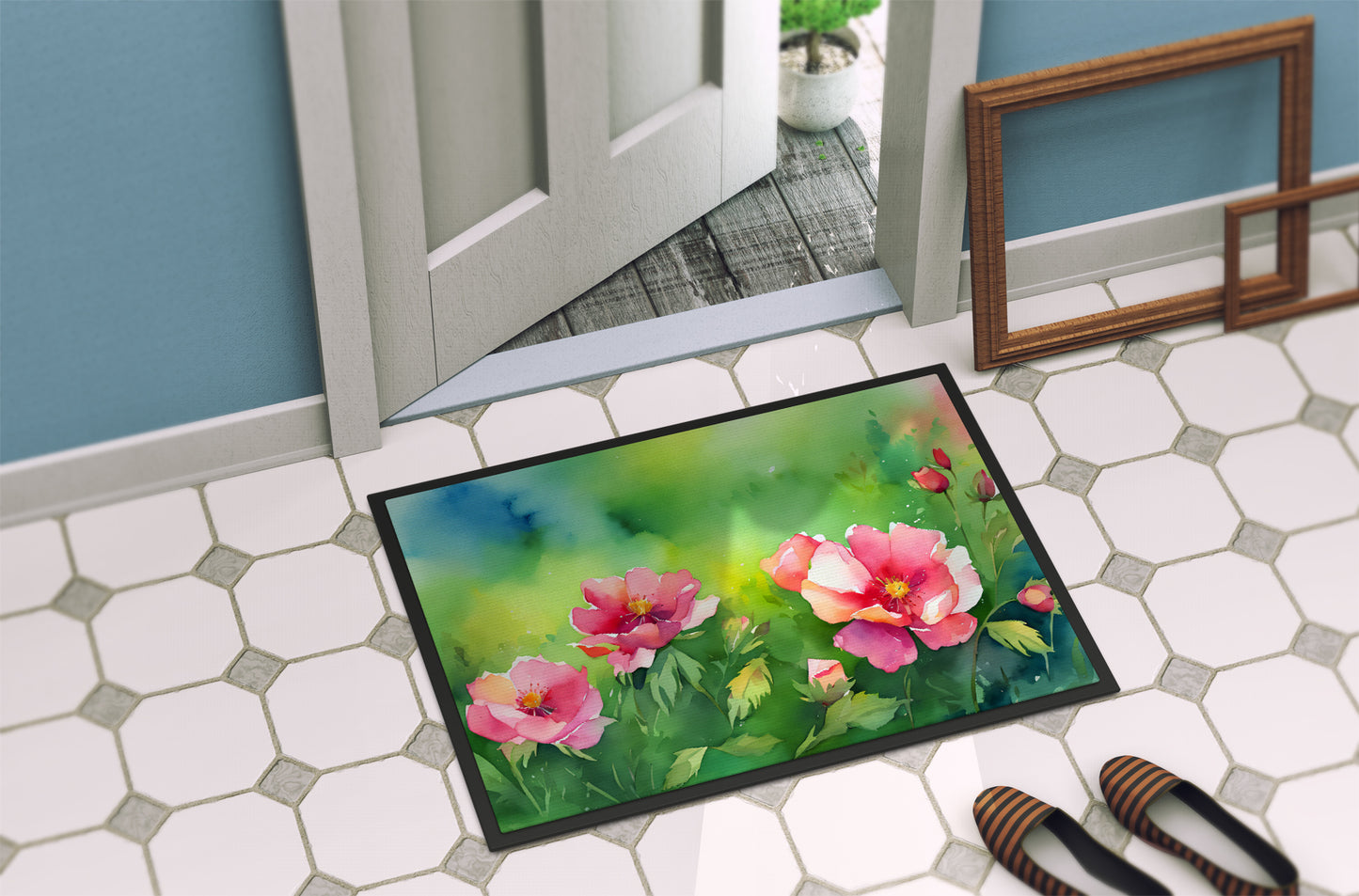 Iowa Wild Prairie Roses in Watercolor Doormat