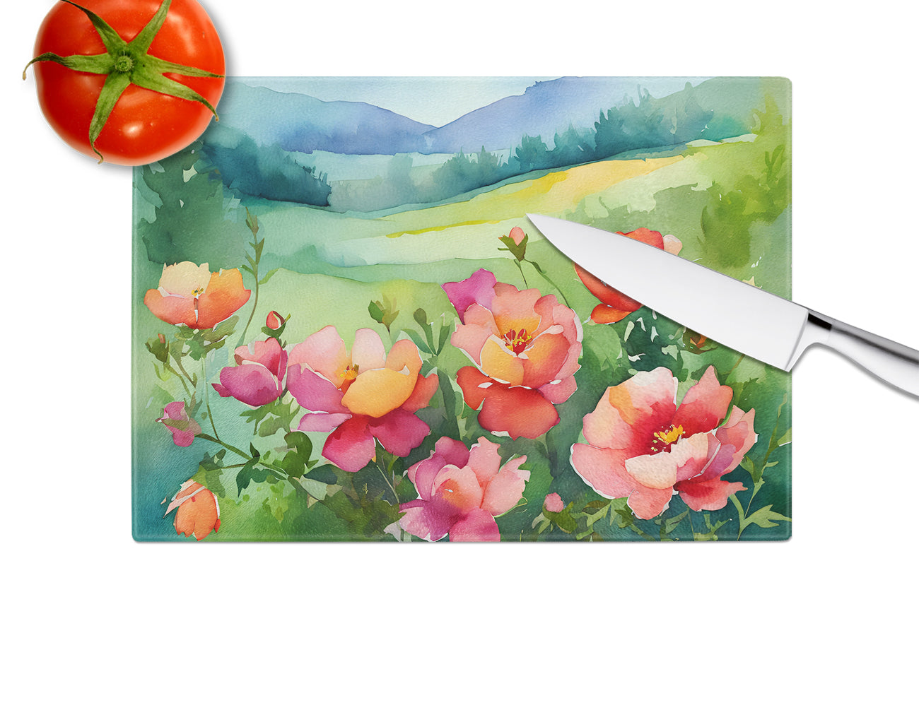 Iowa Wild Prairie Roses in Watercolor Glass Cutting Board