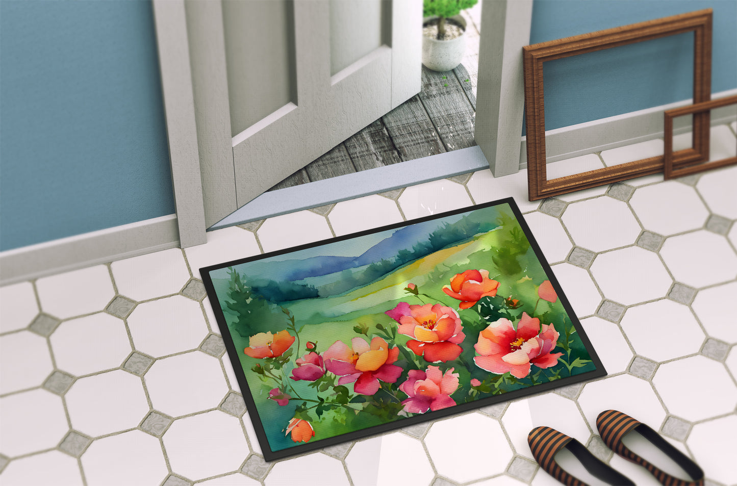 Iowa Wild Prairie Roses in Watercolor Doormat