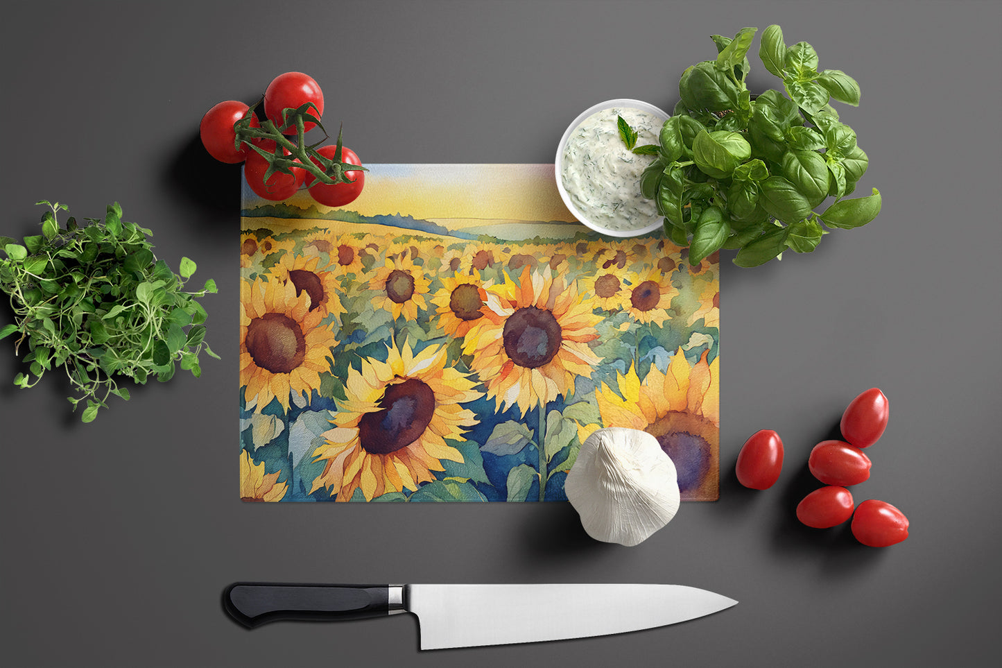 Kansas Sunflowers in Watercolor Glass Cutting Board