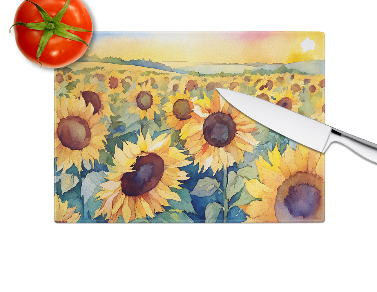 Kansas Sunflowers in Watercolor Glass Cutting Board