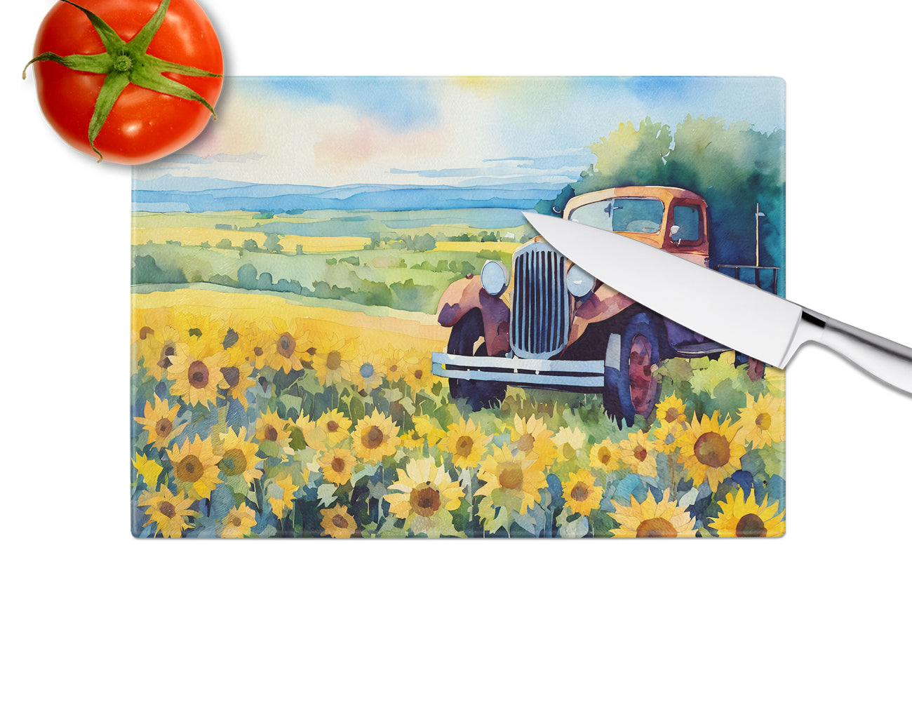 Kansas Sunflowers in Watercolor Glass Cutting Board