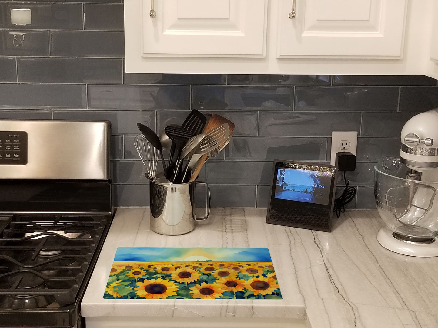 Kansas Sunflowers in Watercolor Glass Cutting Board