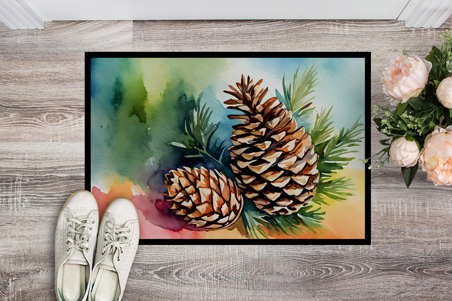 Maine White Pine Cone and Tassels in Watercolor Doormat