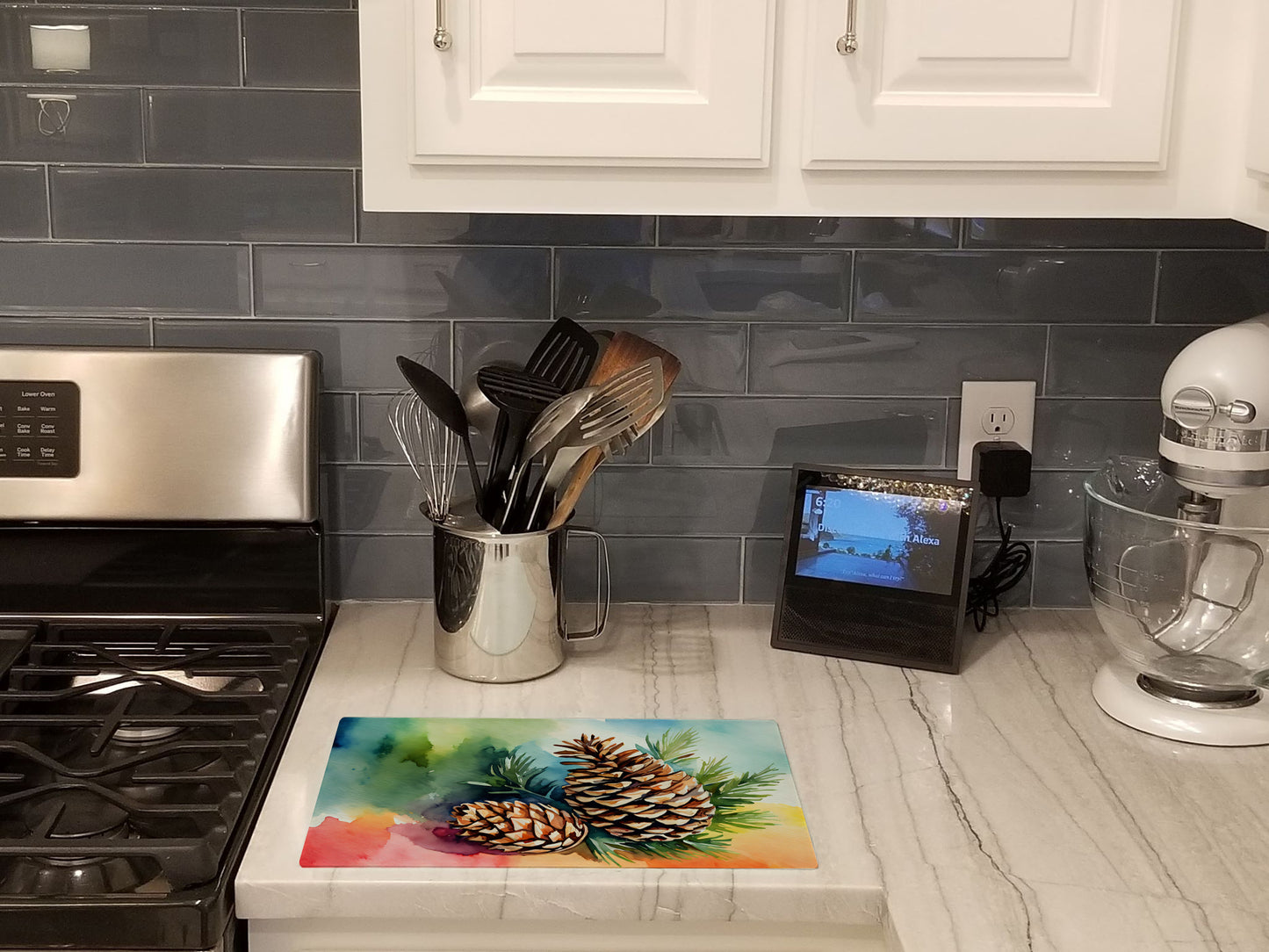 Maine White Pine Cone and Tassels in Watercolor Glass Cutting Board