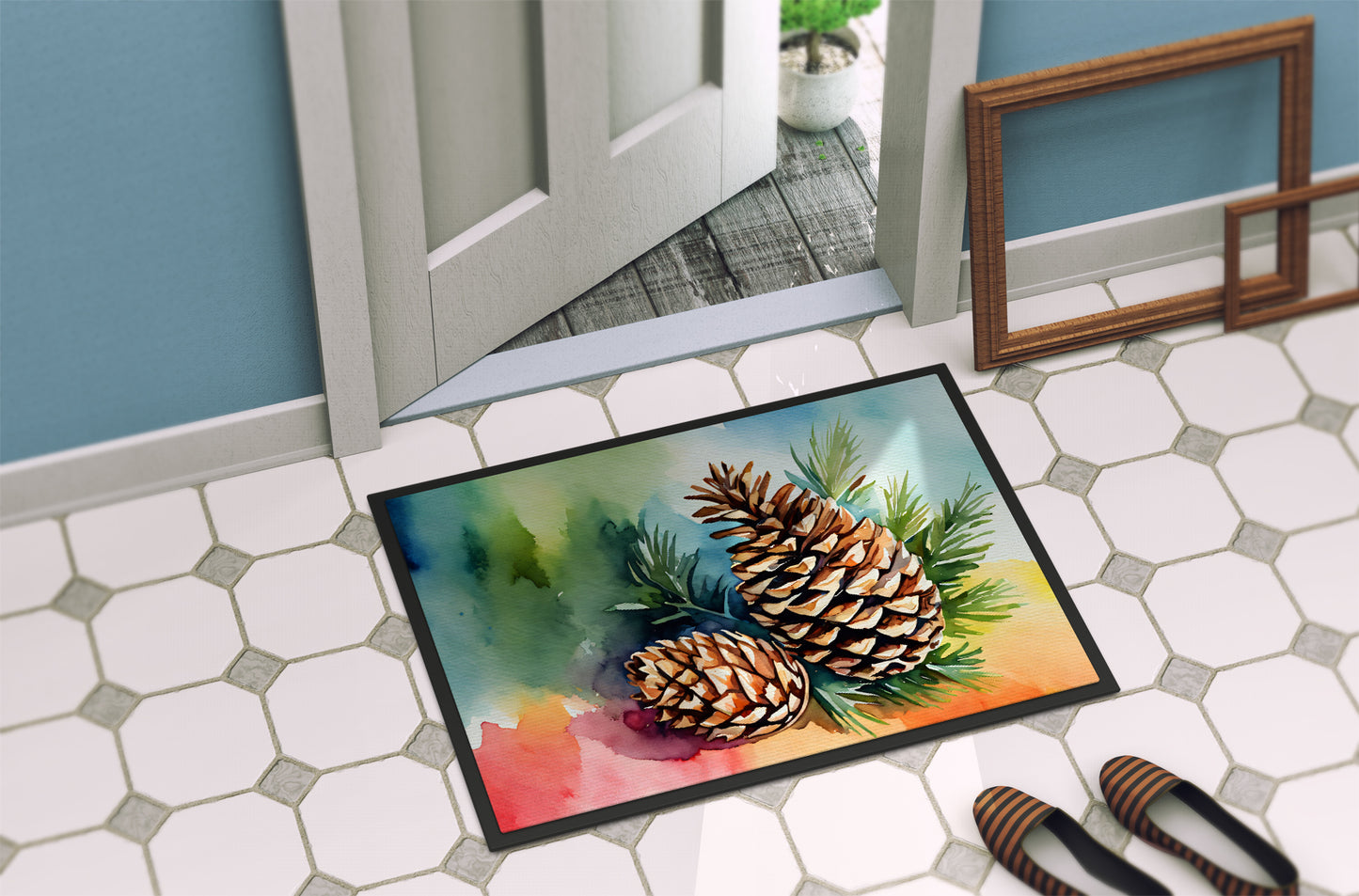 Maine White Pine Cone and Tassels in Watercolor Doormat