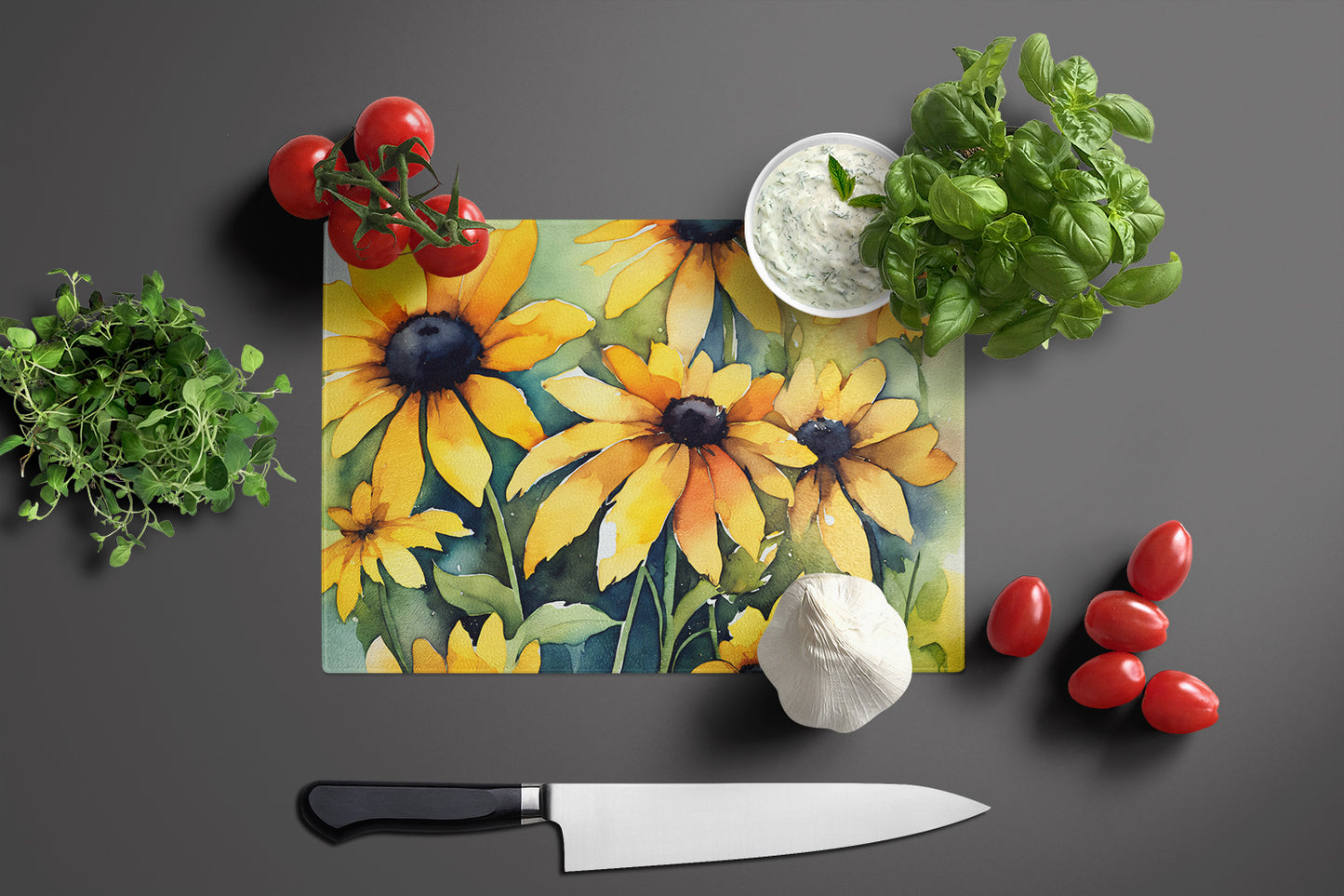 Maryland Black-Eyed Susans in Watercolor Glass Cutting Board