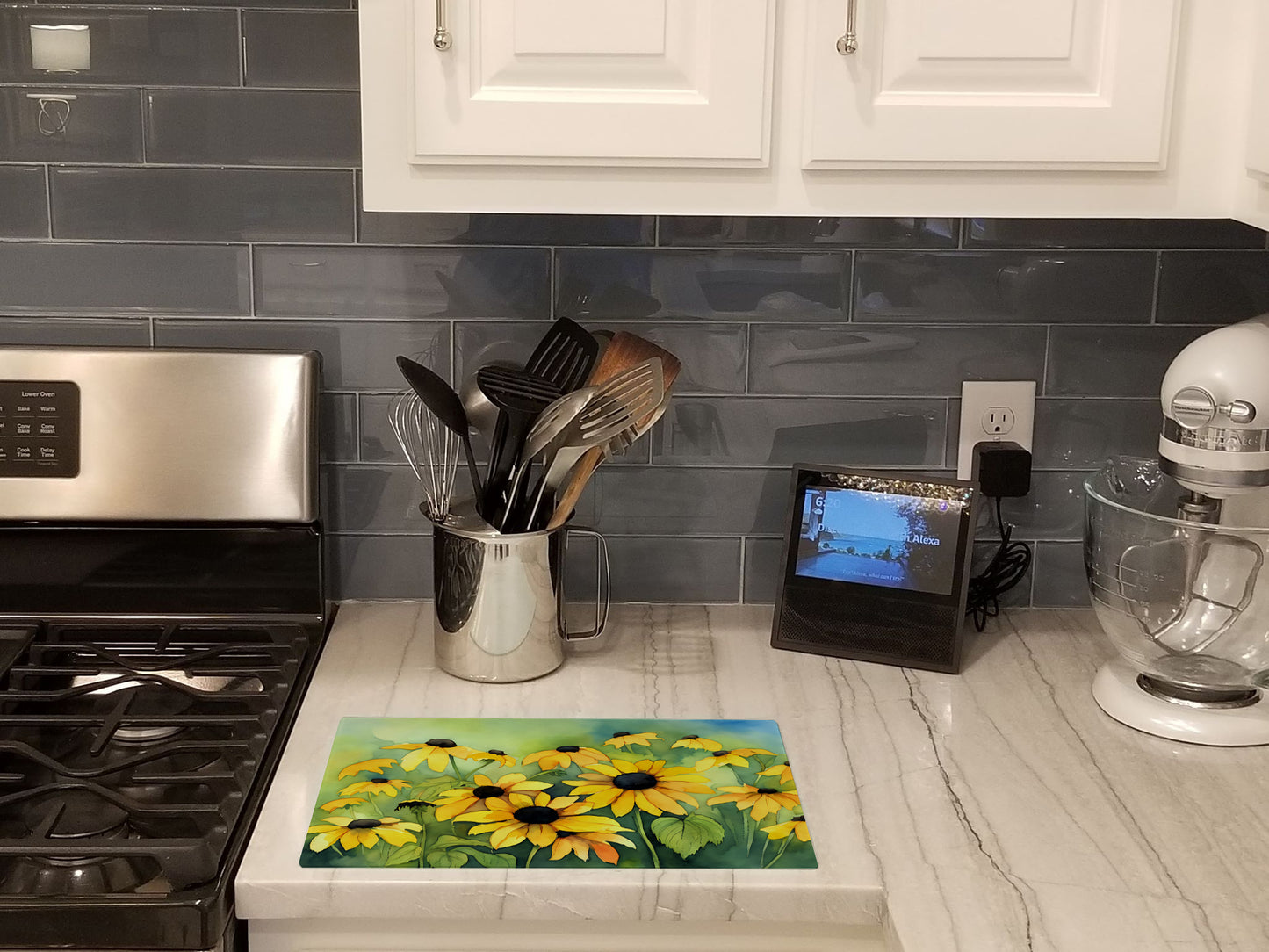 Maryland Black-Eyed Susans in Watercolor Glass Cutting Board