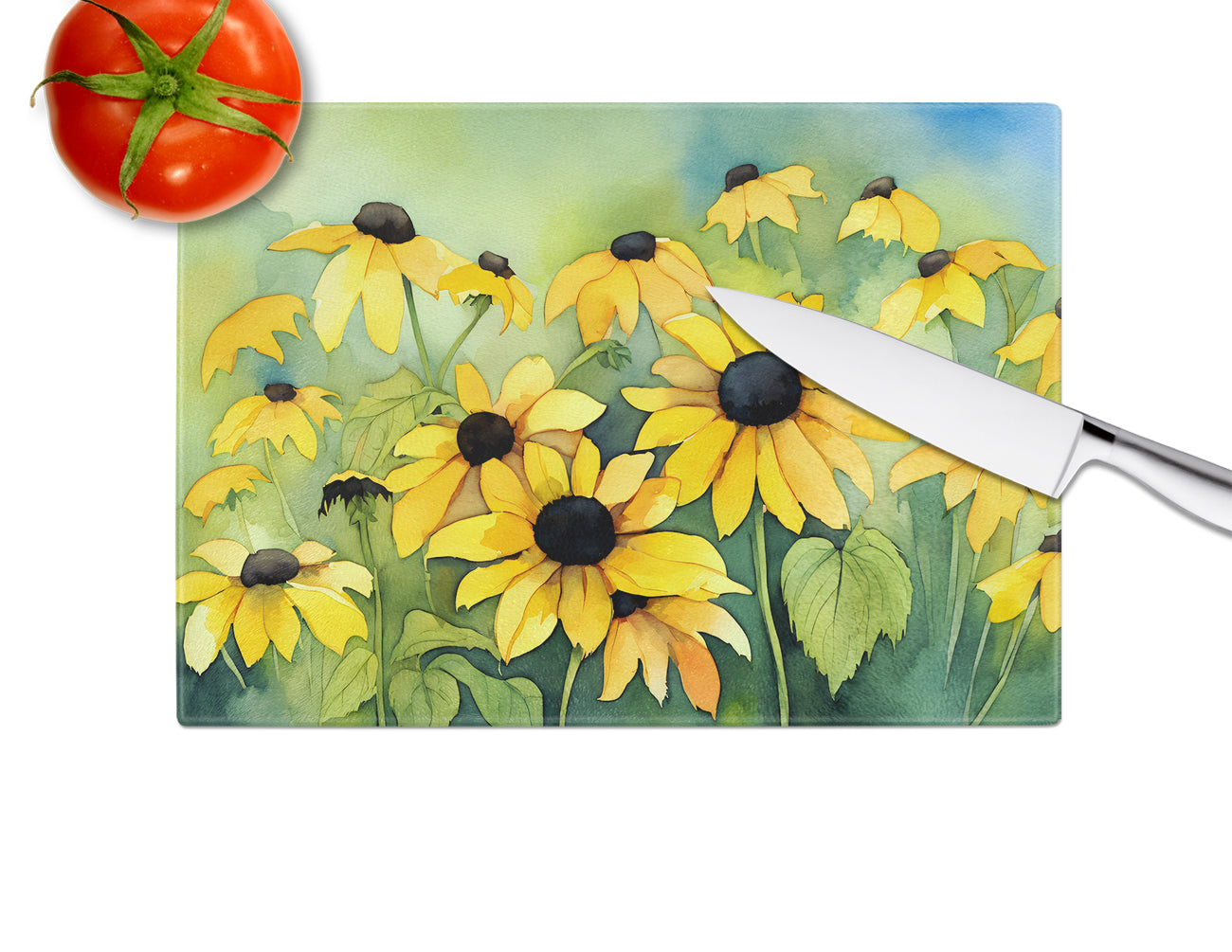 Maryland Black-Eyed Susans in Watercolor Glass Cutting Board