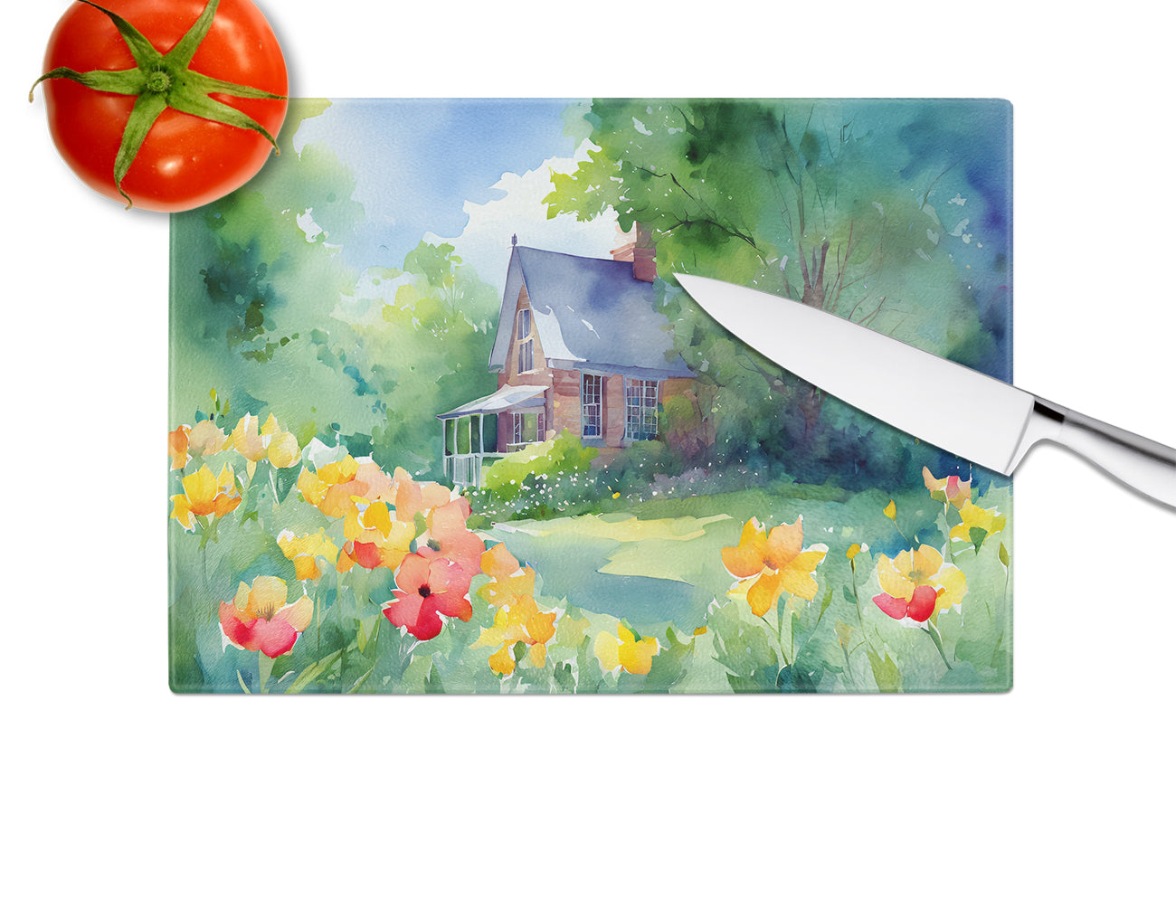 Massachusetts Mayflowers in Watercolor Glass Cutting Board