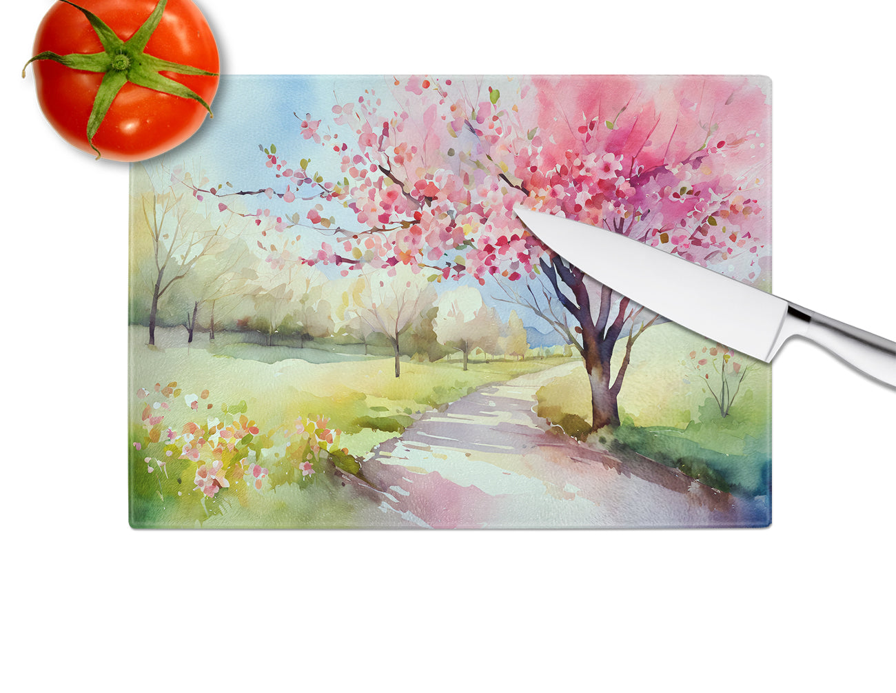 Michigan Apple Blossoms in Watercolor Glass Cutting Board