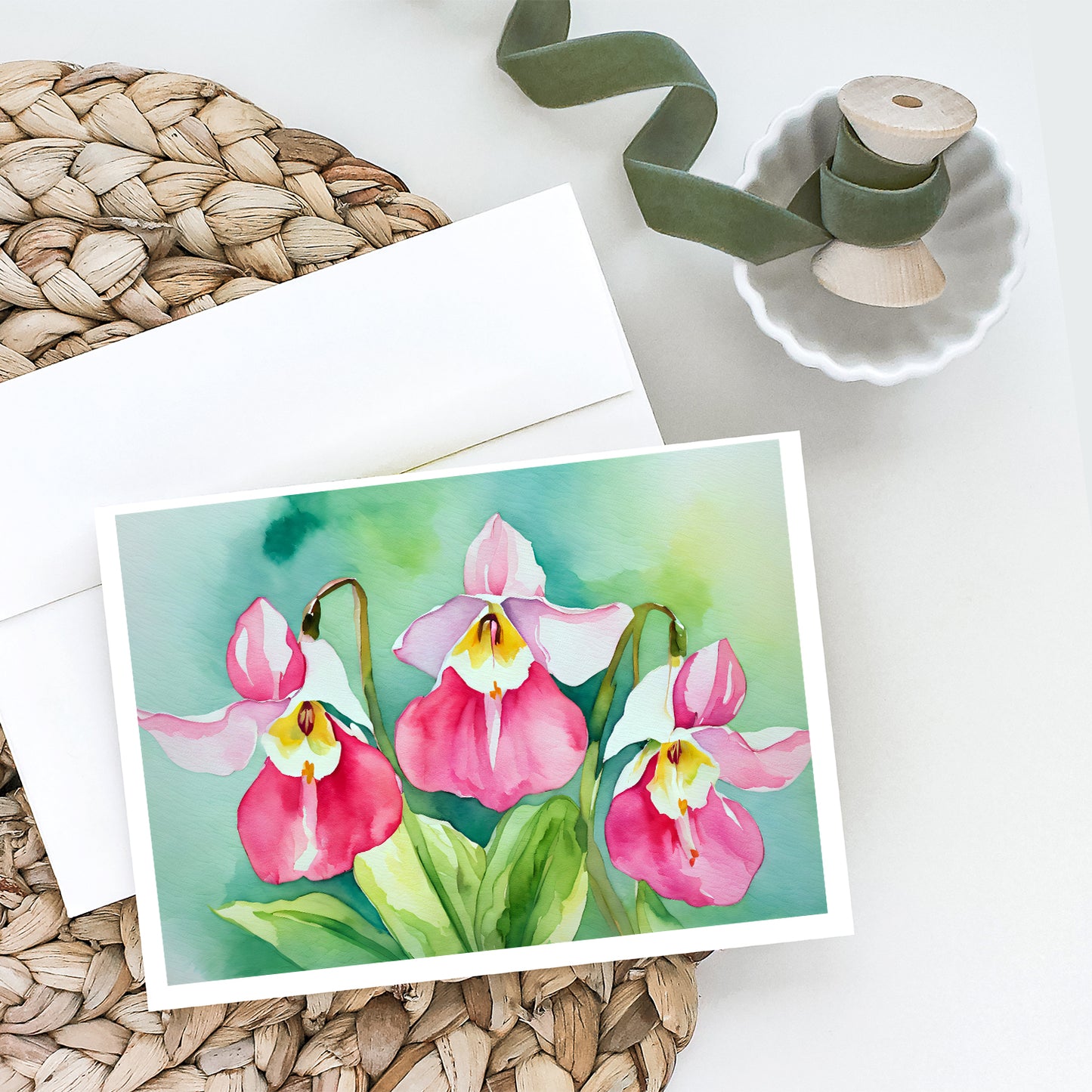 Minnesota Pink and White Lady�s Slippers in Watercolor Greeting Cards Pack of 8