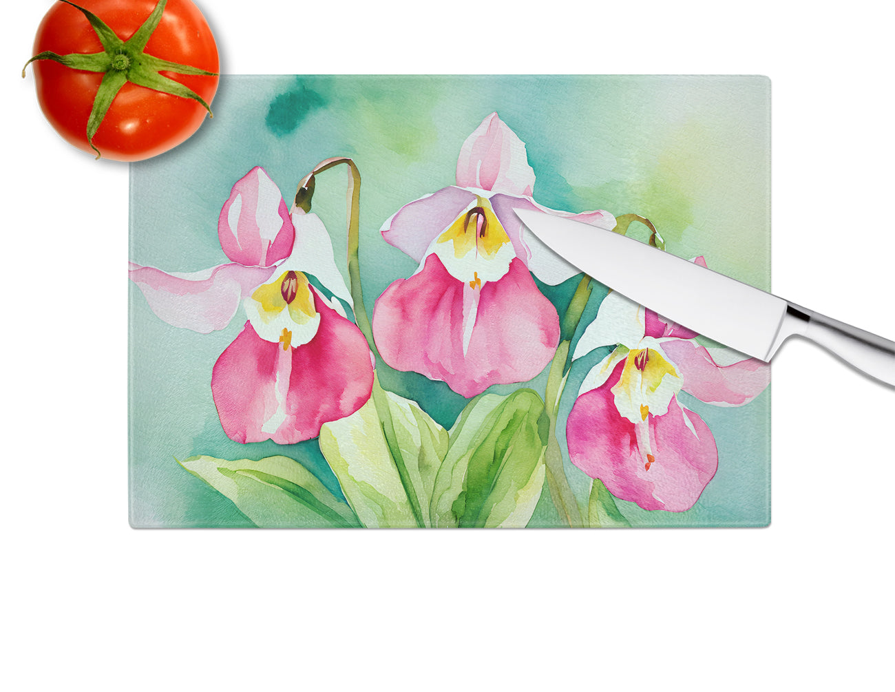 Minnesota Pink and White Lady�s Slippers in Watercolor Glass Cutting Board