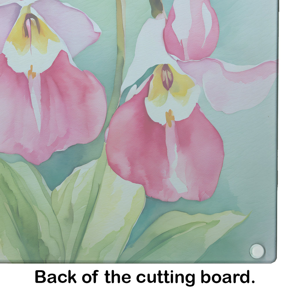 Minnesota Pink and White Lady�s Slippers in Watercolor Glass Cutting Board