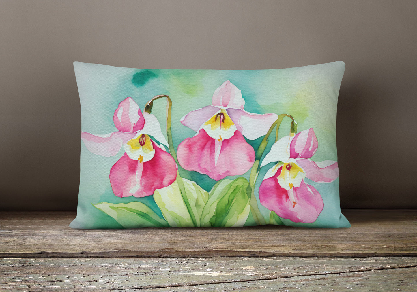 Minnesota Pink and White Lady s Slippers in Watercolor Throw Pillow