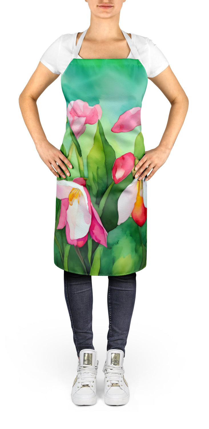 Minnesota Pink and White Lady s Slippers in Watercolor Apron