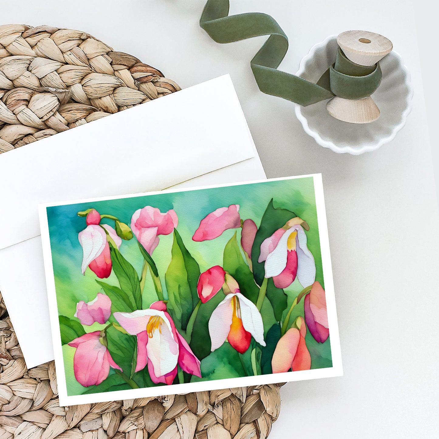 Minnesota Pink and White Lady�s Slippers in Watercolor Greeting Cards Pack of 8