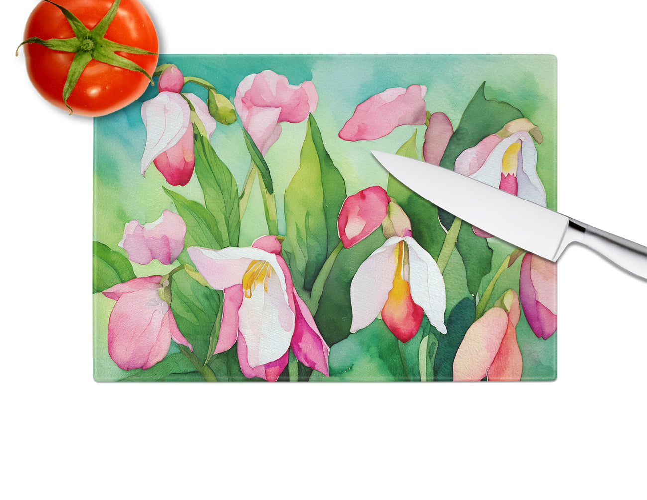 Minnesota Pink and White Lady�s Slippers in Watercolor Glass Cutting Board