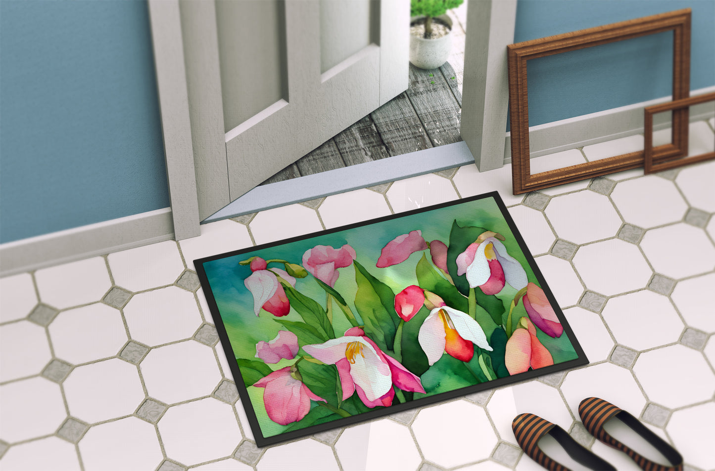 Minnesota Pink and White Lady�s Slippers in Watercolor Doormat