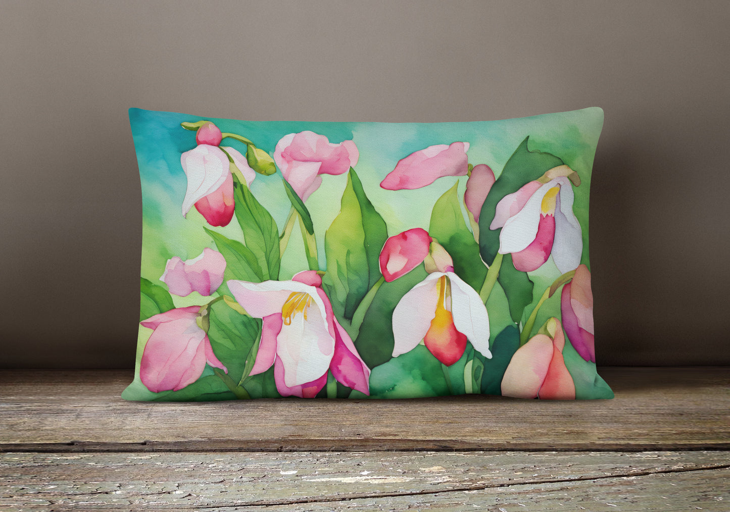 Minnesota Pink and White Lady s Slippers in Watercolor Throw Pillow