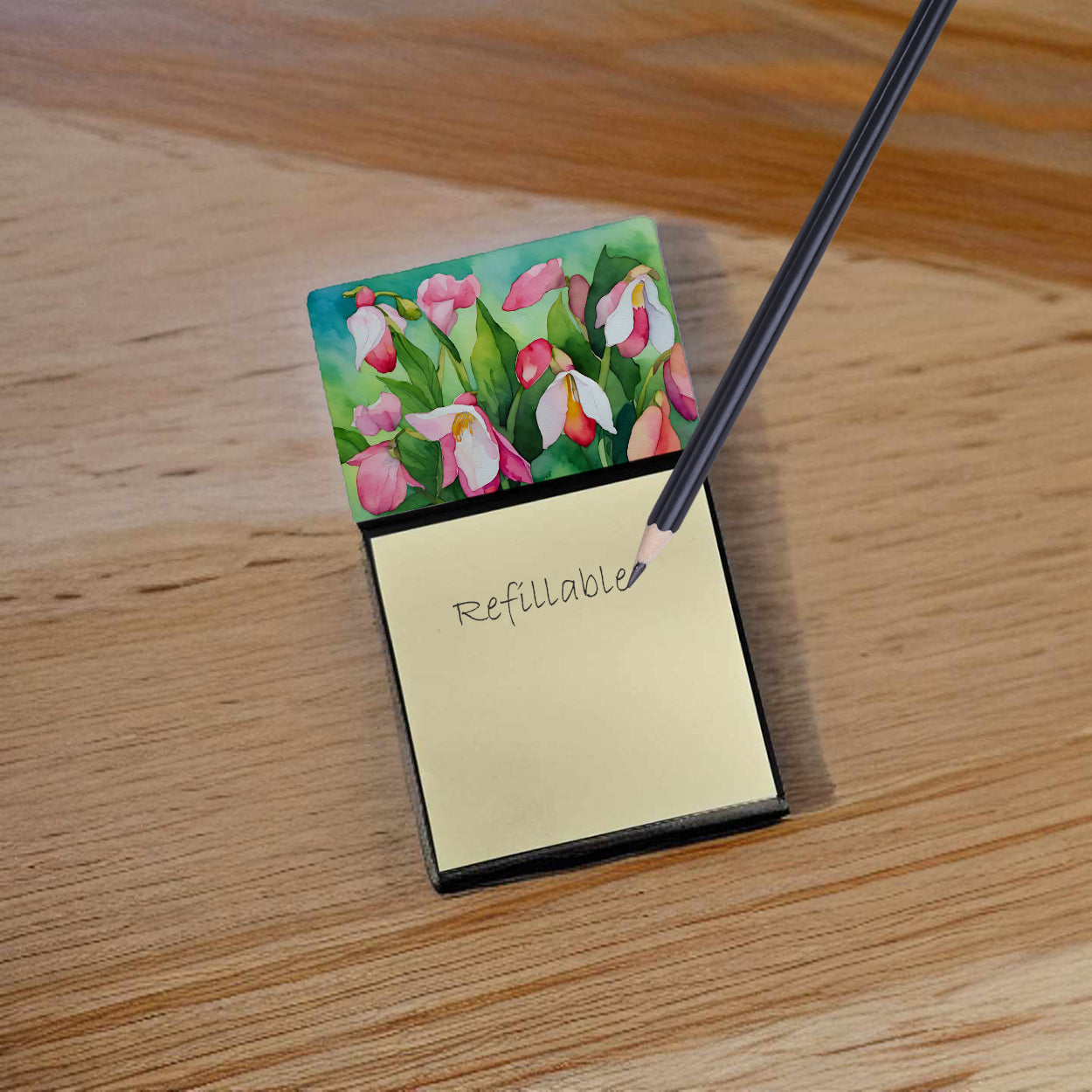 Minnesota Pink and White Lady s Slippers in Watercolor Sticky Note Holder