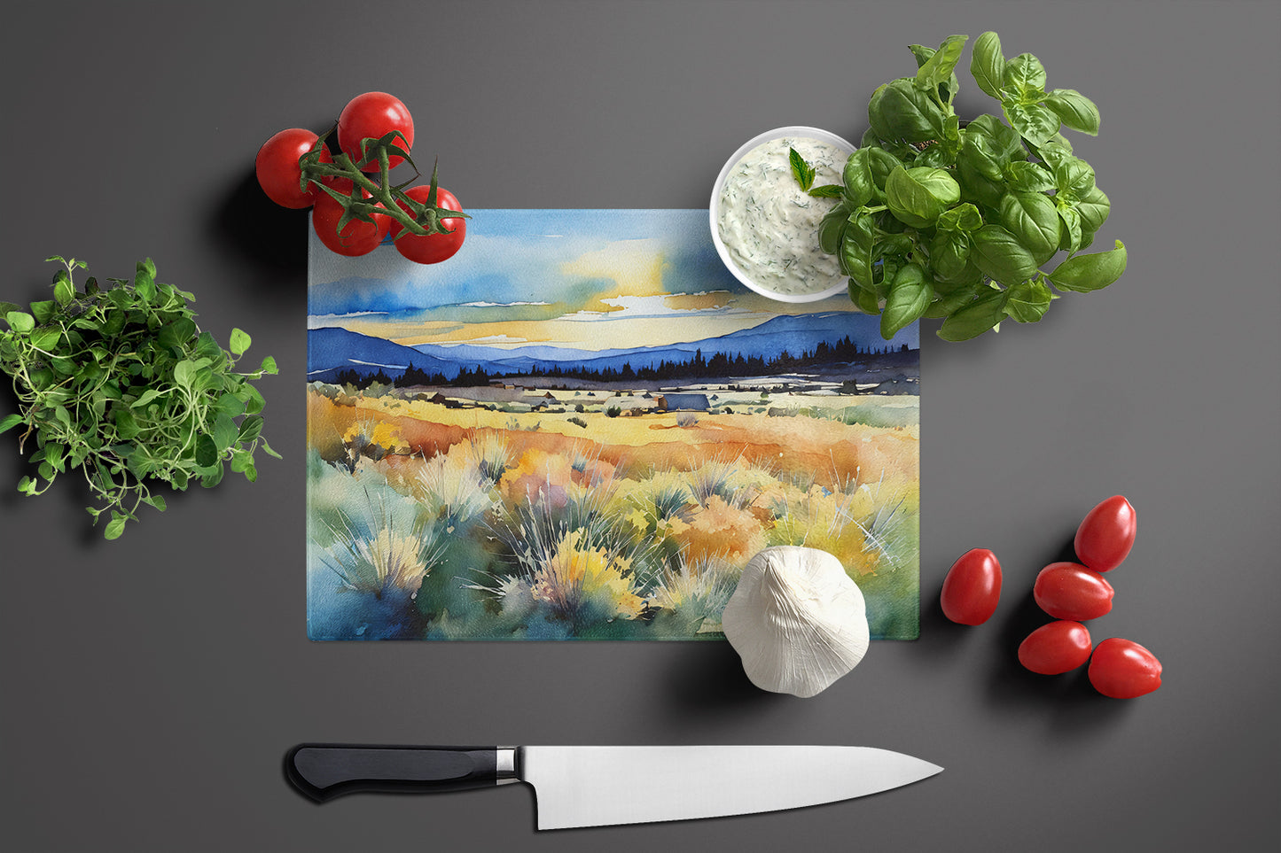 Nevada Sagebrush in Watercolor Glass Cutting Board