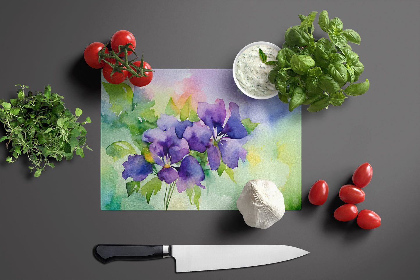 New Jersey Violet in Watercolor Glass Cutting Board