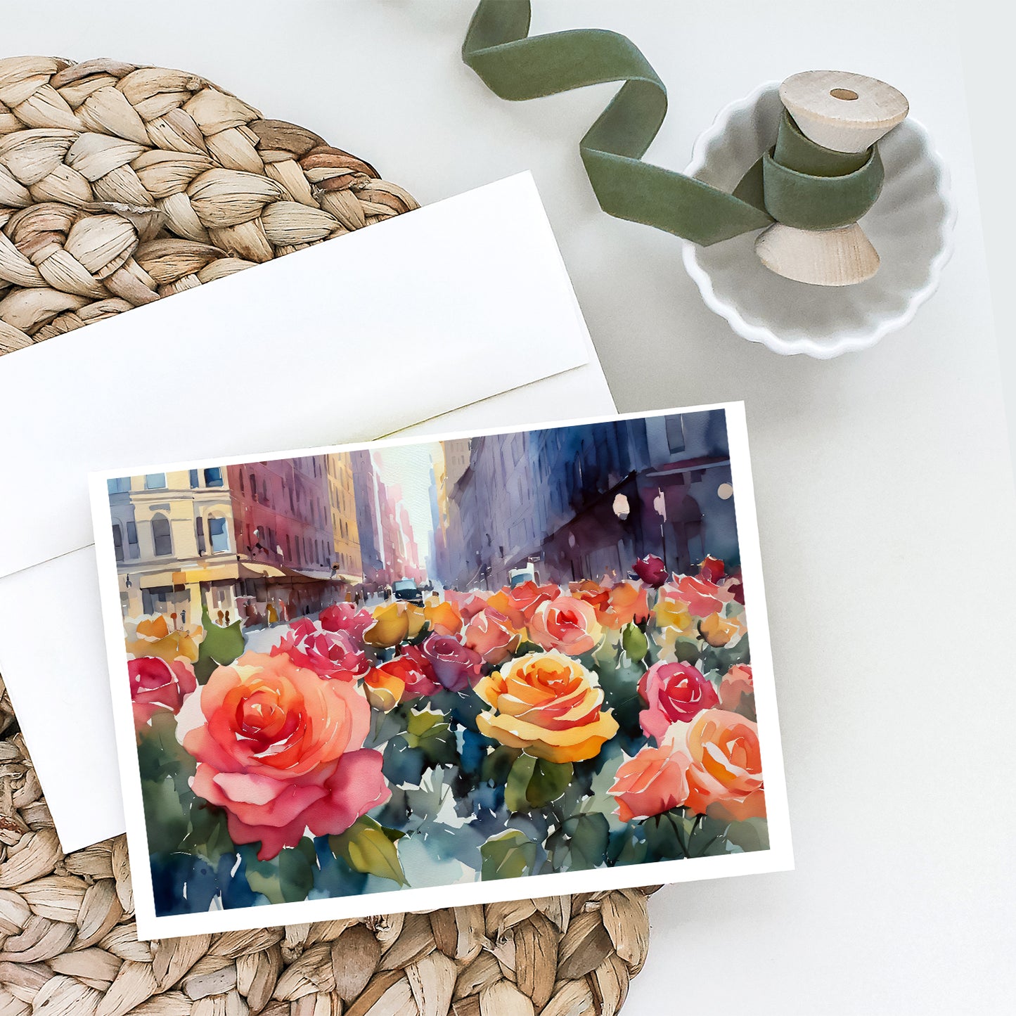 New York Roses in Watercolor Greeting Cards Pack of 8