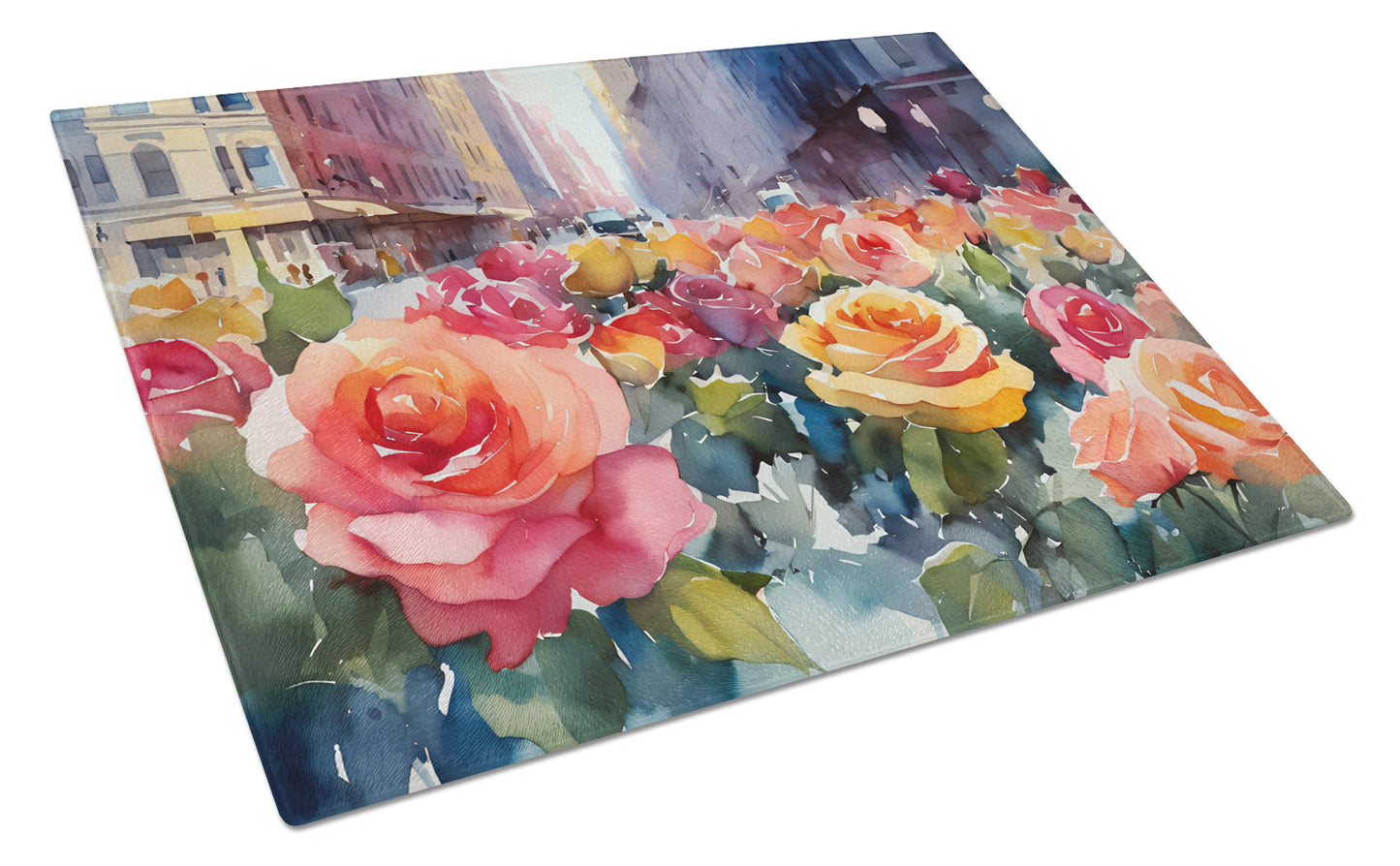 Buy this New York Roses in Watercolor Glass Cutting Board