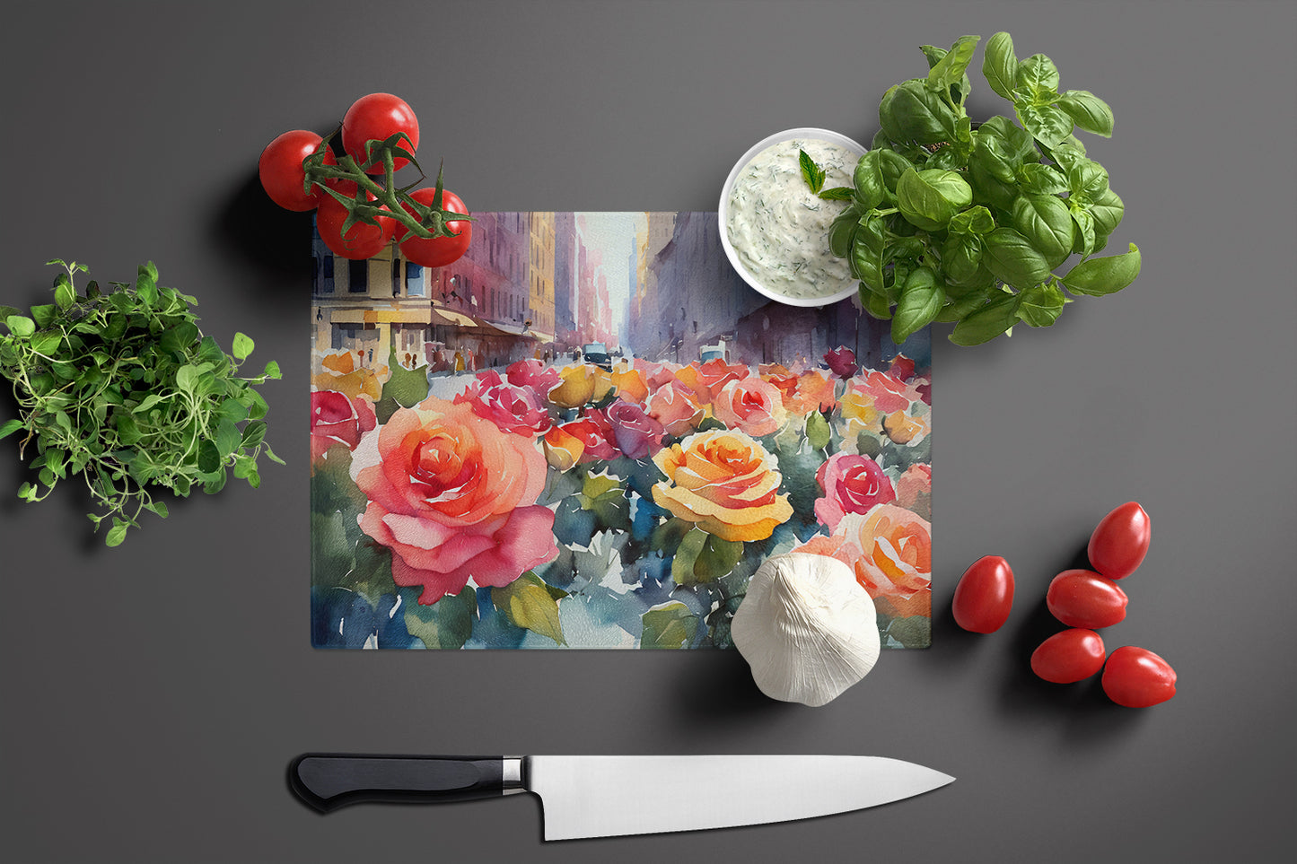 New York Roses in Watercolor Glass Cutting Board