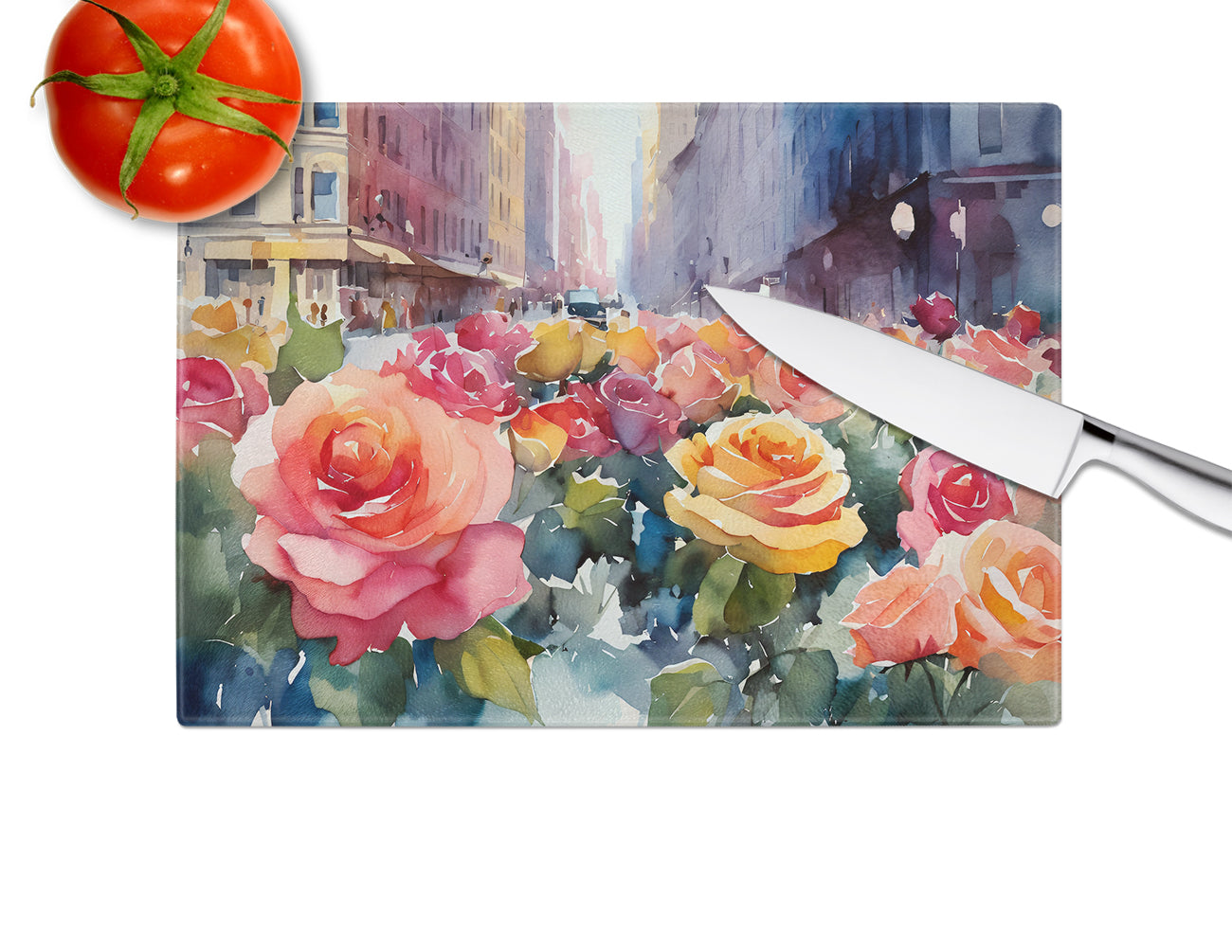 New York Roses in Watercolor Glass Cutting Board