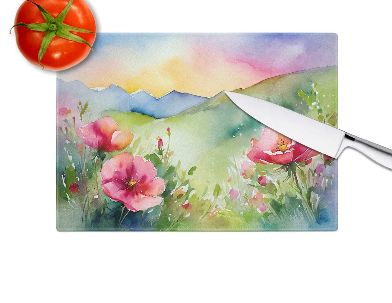 North Dakota Wild Prairie Roses in Watercolor Glass Cutting Board