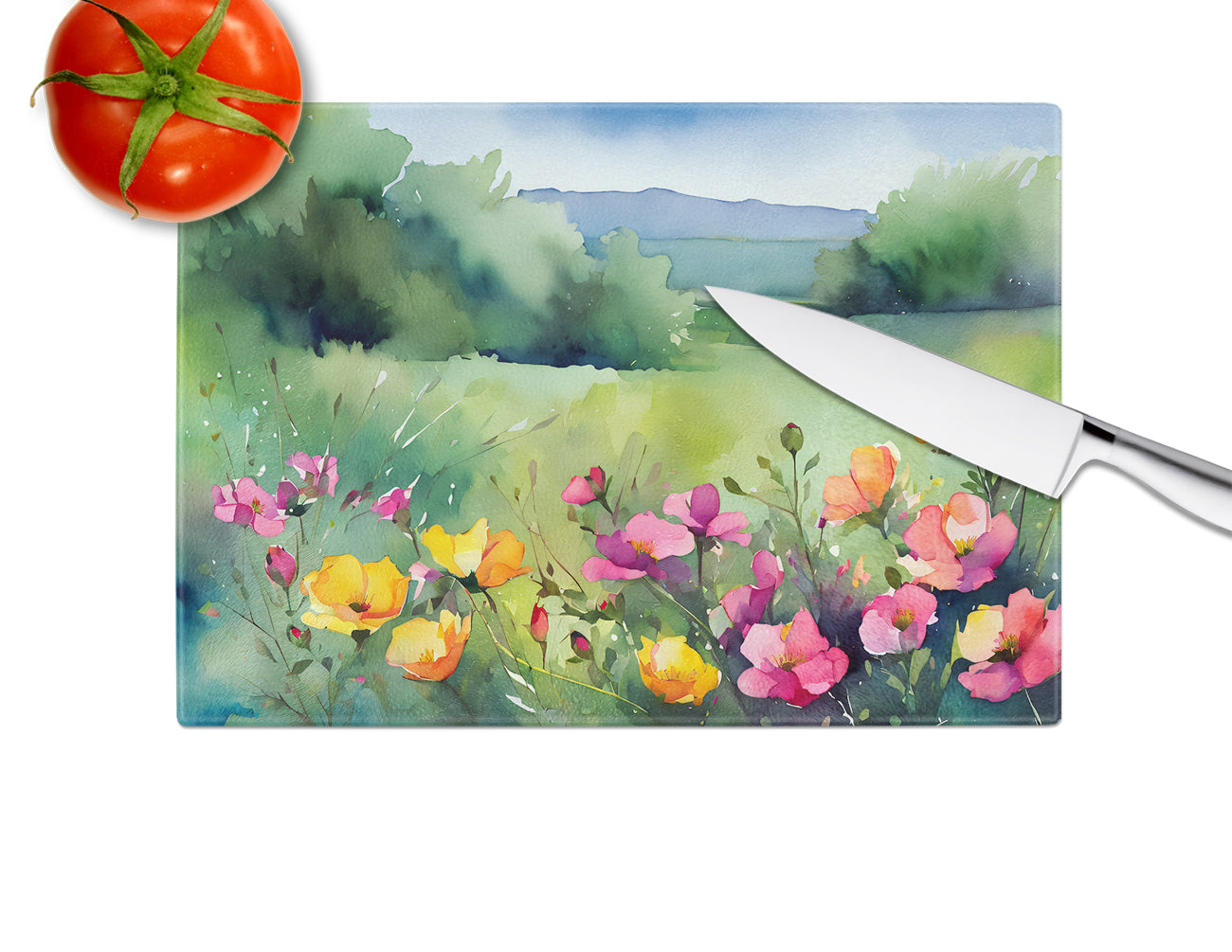 North Dakota Wild Prairie Roses in Watercolor Glass Cutting Board