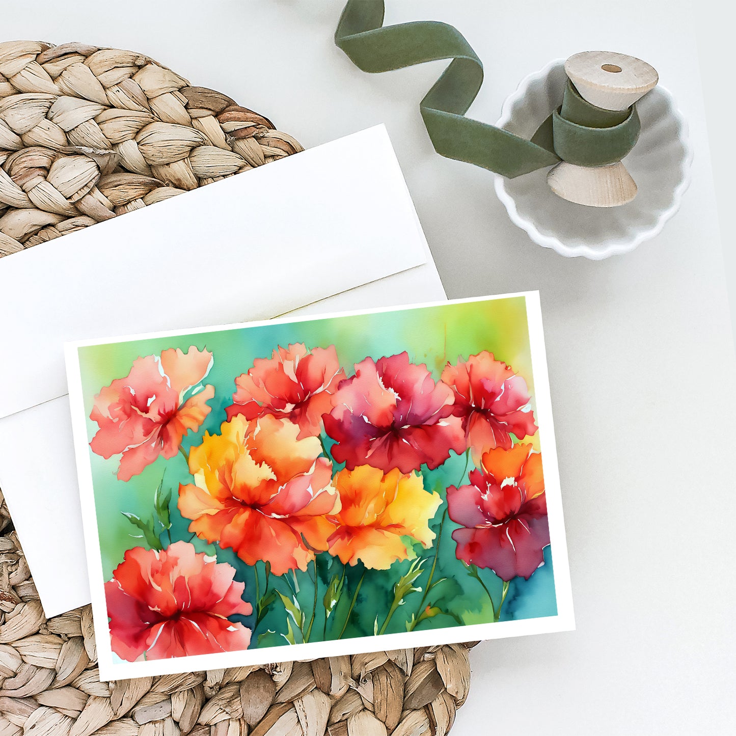 Ohio Scarlet Carnations in Watercolor Greeting Cards Pack of 8