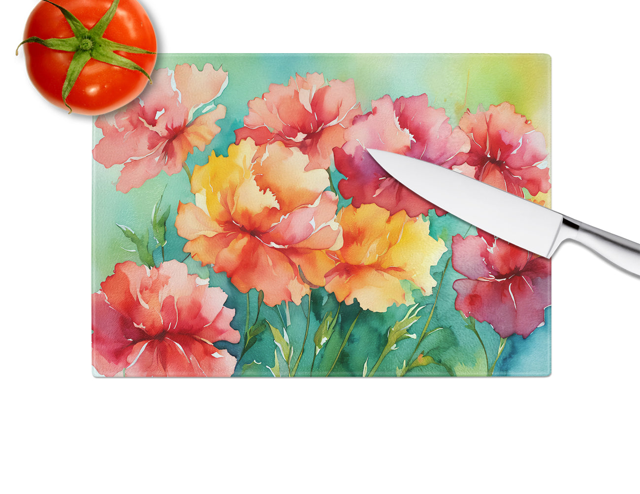 Ohio Scarlet Carnations in Watercolor Glass Cutting Board