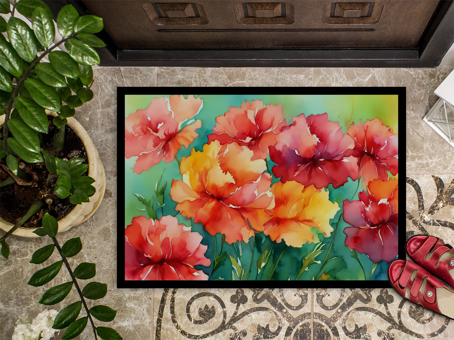 Ohio Scarlet Carnations in Watercolor Doormat