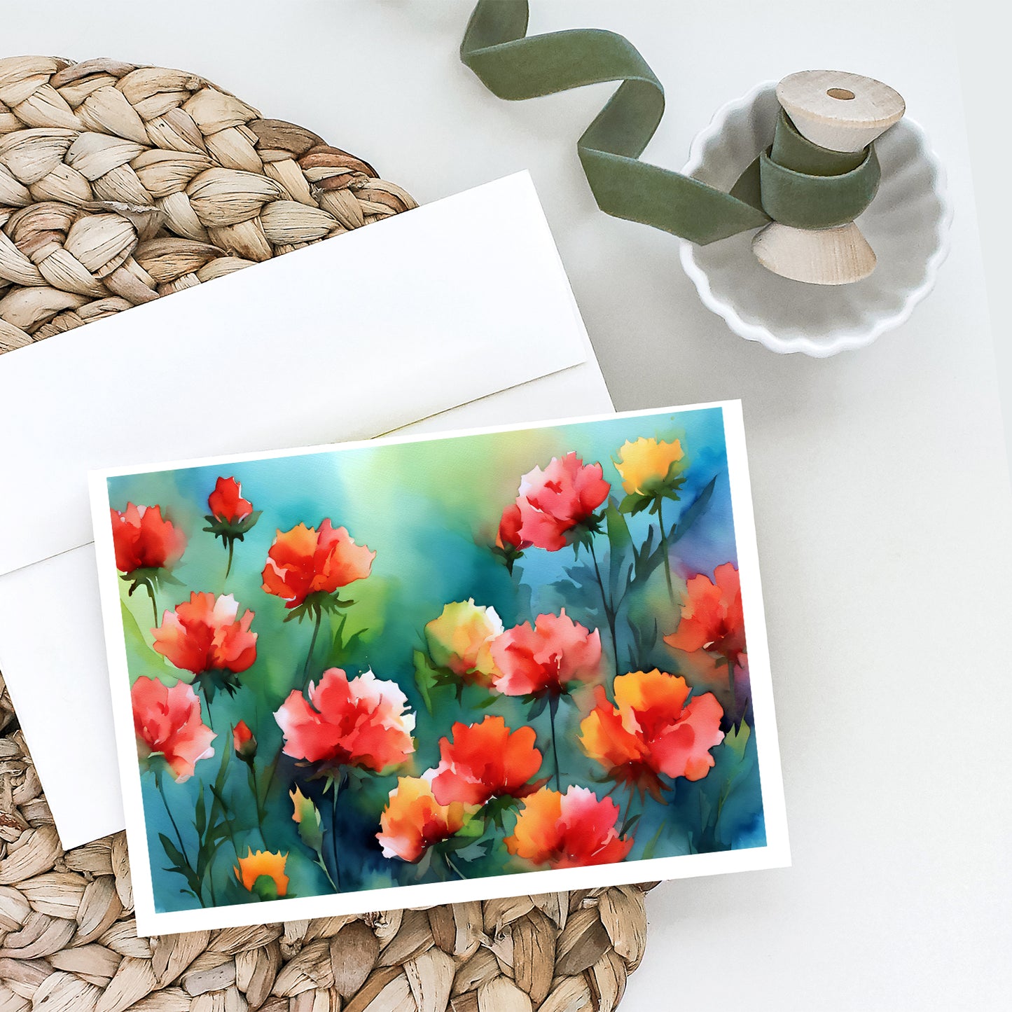 Ohio Scarlet Carnations in Watercolor Greeting Cards Pack of 8