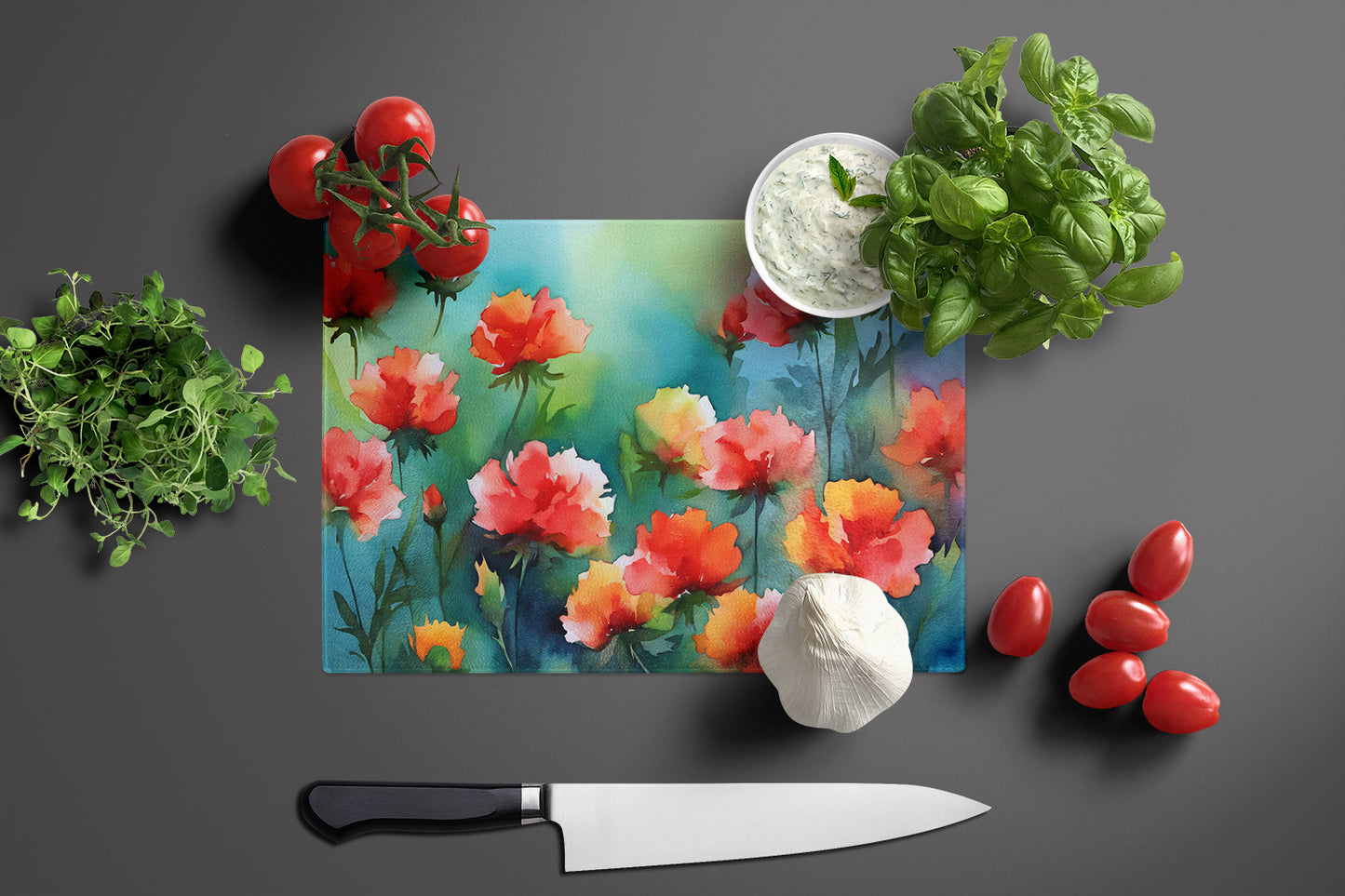 Ohio Scarlet Carnations in Watercolor Glass Cutting Board