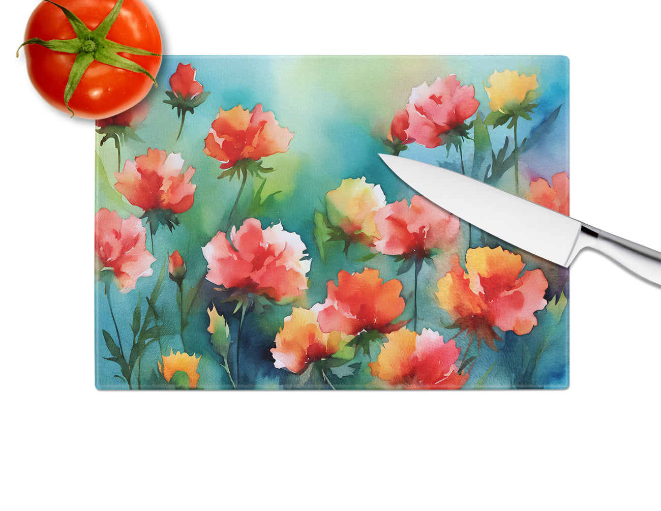 Ohio Scarlet Carnations in Watercolor Glass Cutting Board