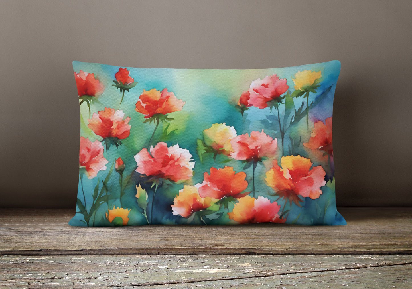 Ohio Scarlet Carnations in Watercolor Throw Pillow