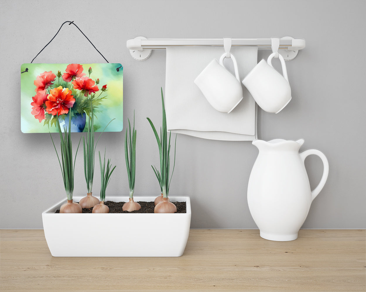 Ohio Scarlet Carnations in Watercolor Wall or Door Hanging Prints