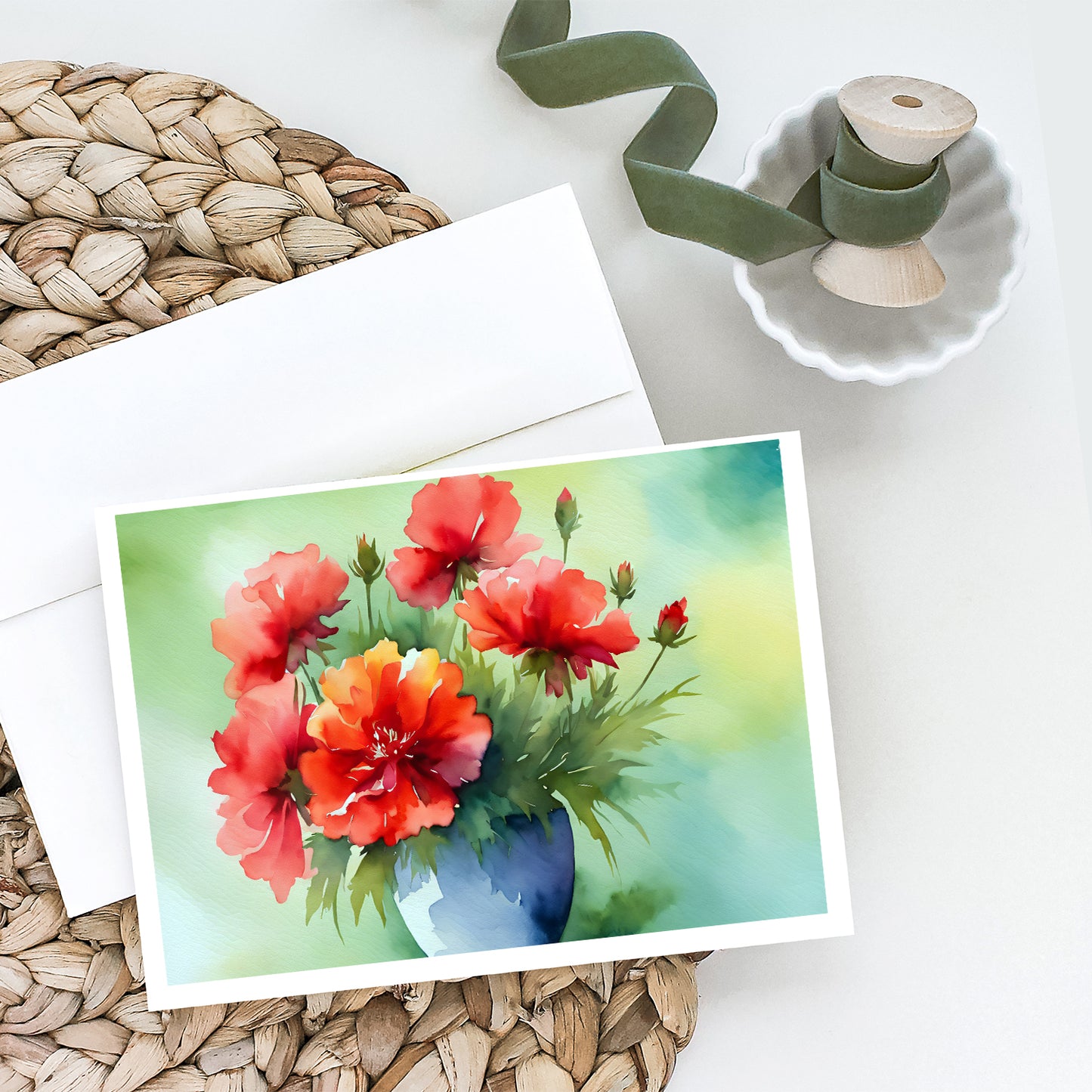 Ohio Scarlet Carnations in Watercolor Greeting Cards Pack of 8