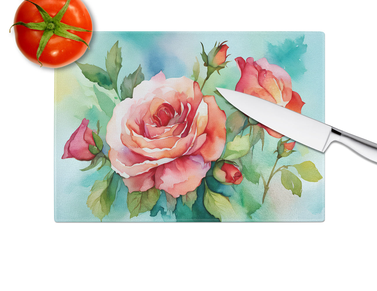 Oklahoma Roses in Watercolor Glass Cutting Board